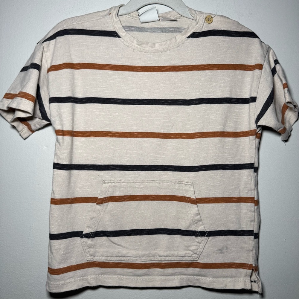 Zara Boys Kids Collection Short Sleeve Beige Striped Pocket Shirt Size 4-5